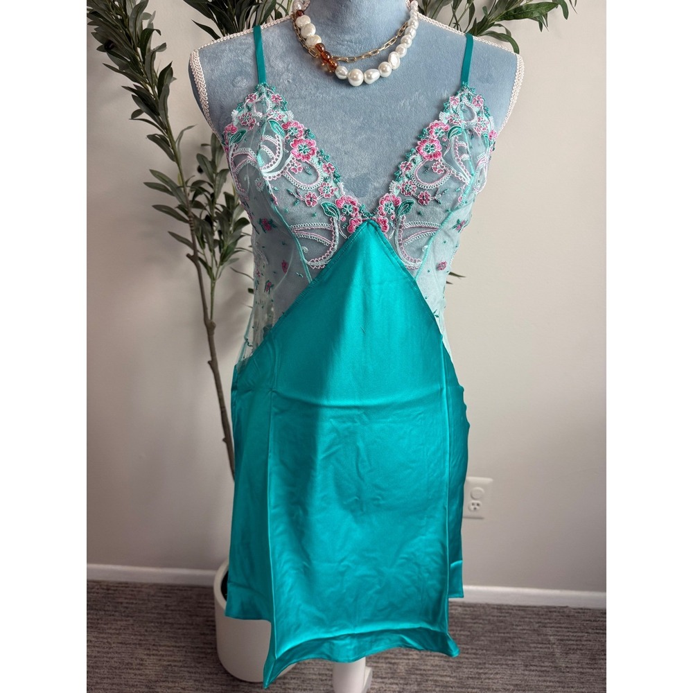 Cosabella Teal 100% Silk Delicate Floral Embroidered Mesh Chemise Nightgown M - Picture 8 of 13